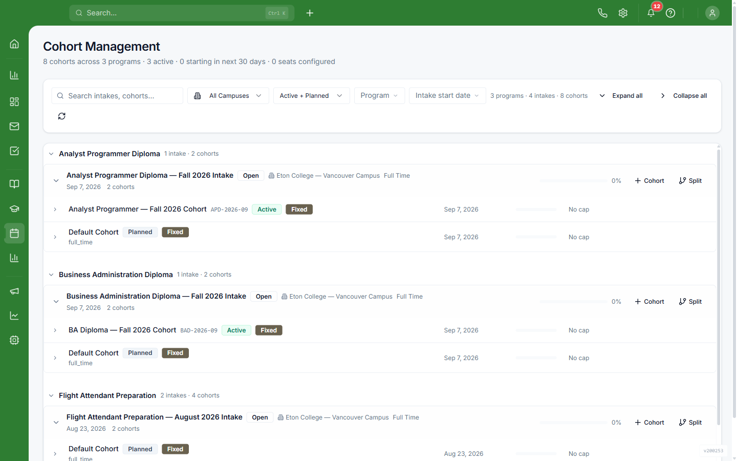 Cohorts and term scheduling across six campuses, conflict-free.