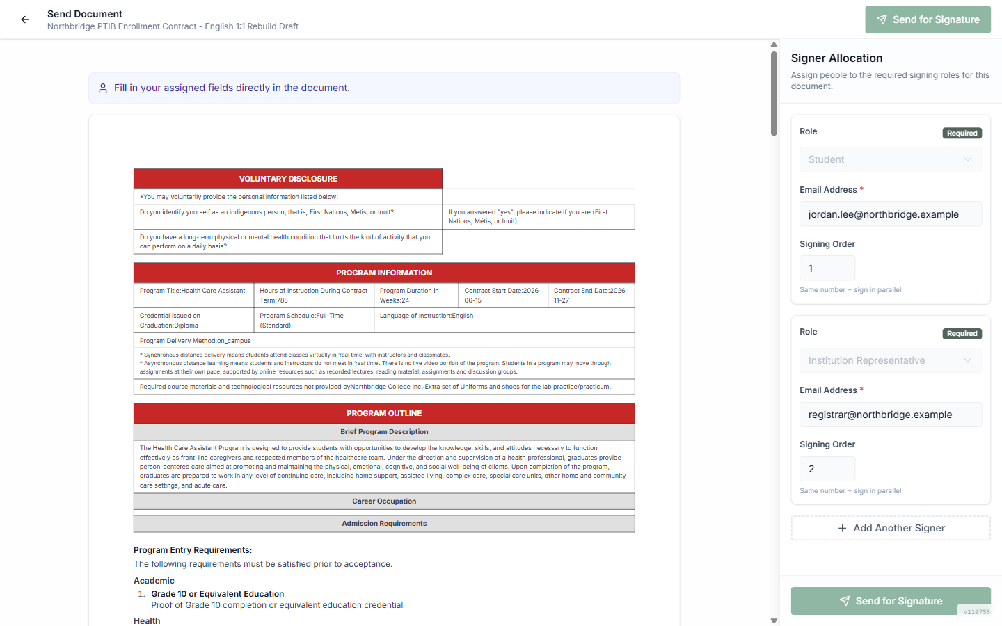 The Learnlynk send-for-signature screen — signer roles, signing order, and the document ready to dispatch.